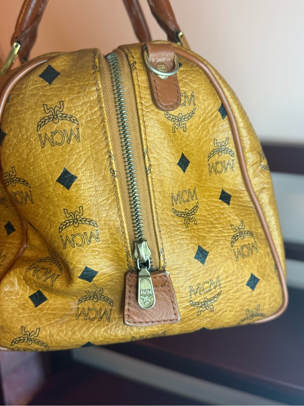 MCM Monogram Visetos Travel Duffle in Cognac Brown with Black Accents 35 - Picture 6 of 13